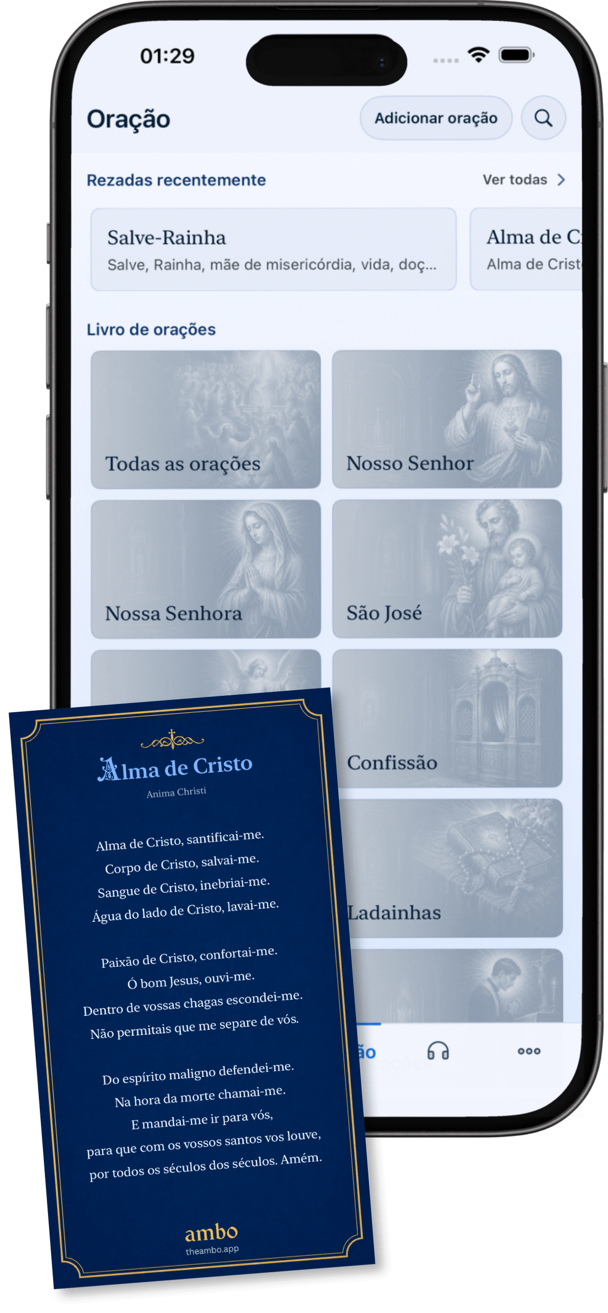 Biblioteca de orações do Ambo e cartão de oração para compartilhar